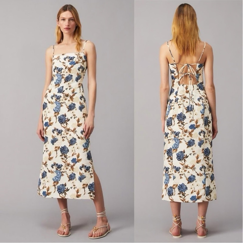 Tory Burch Floral Strappy-Back Caramel Midi Dress Size 10 - Picture 3 of 13